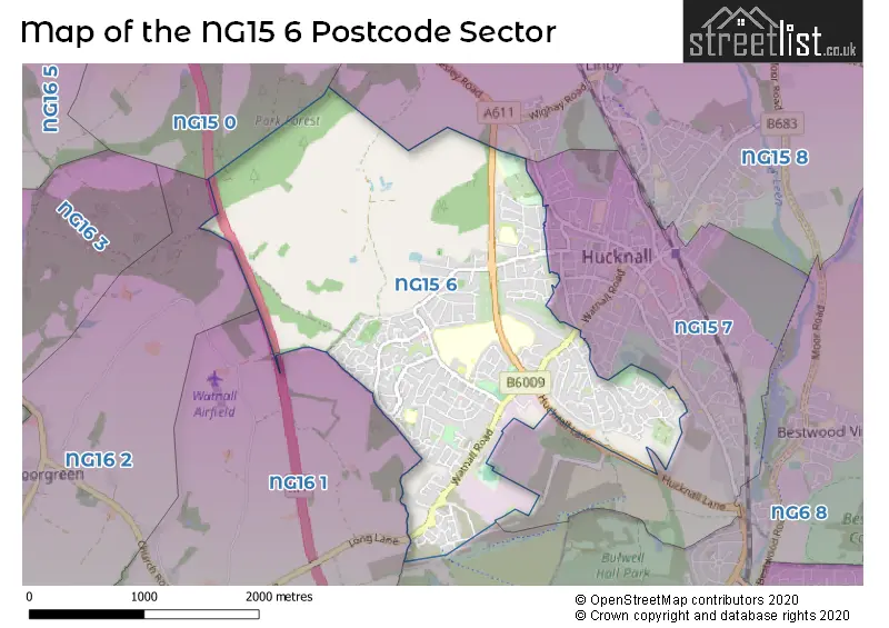 Map of the NG15 6 and surrounding postcode sector