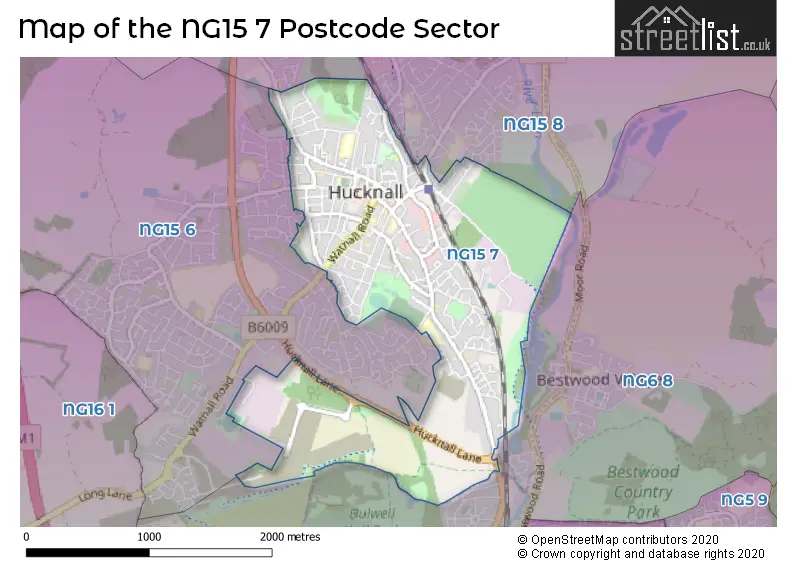Map of the NG15 7 and surrounding postcode sector