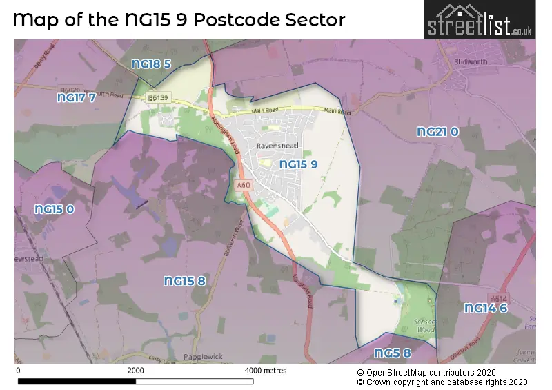 Map of the NG15 9 and surrounding postcode sector