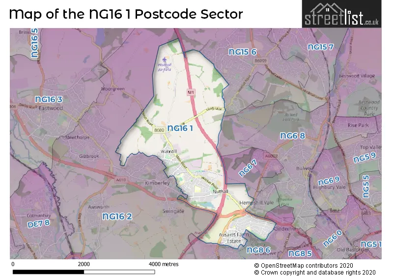 Map of the NG16 1 and surrounding postcode sector