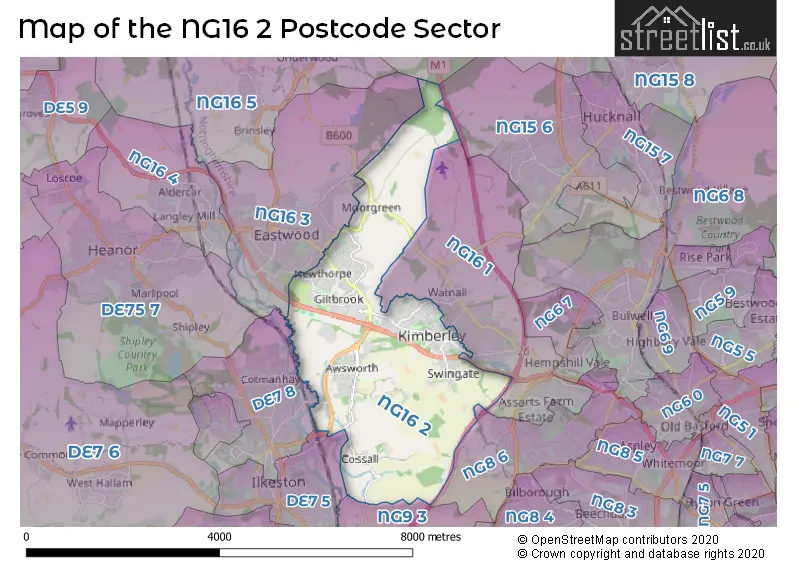 Map of the NG16 2 and surrounding postcode sector