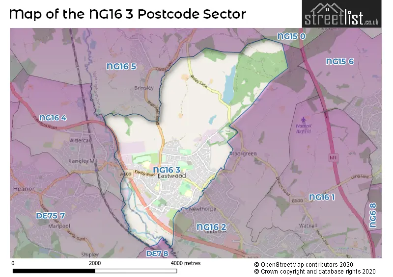 Map of the NG16 3 and surrounding postcode sector