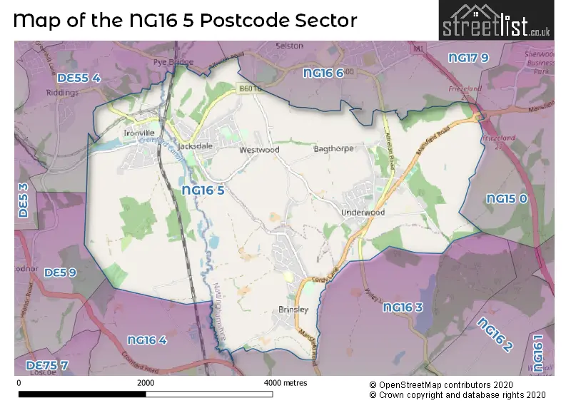 Map of the NG16 5 and surrounding postcode sector