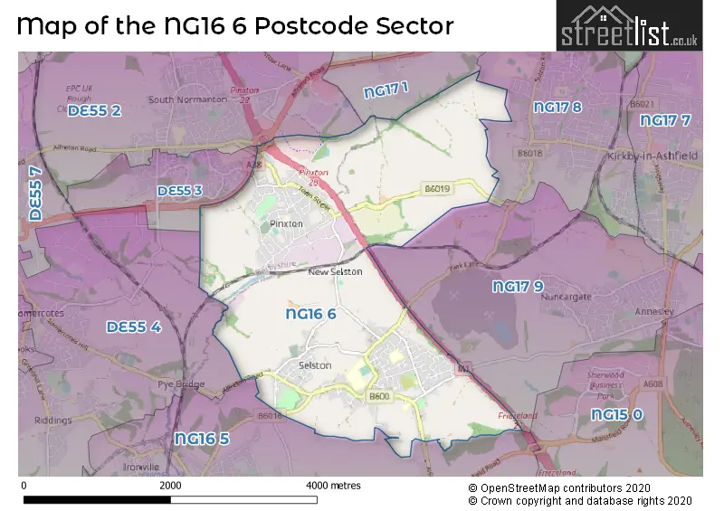 Map of the NG16 6 and surrounding postcode sector