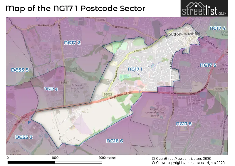 Map of the NG17 1 and surrounding postcode sector