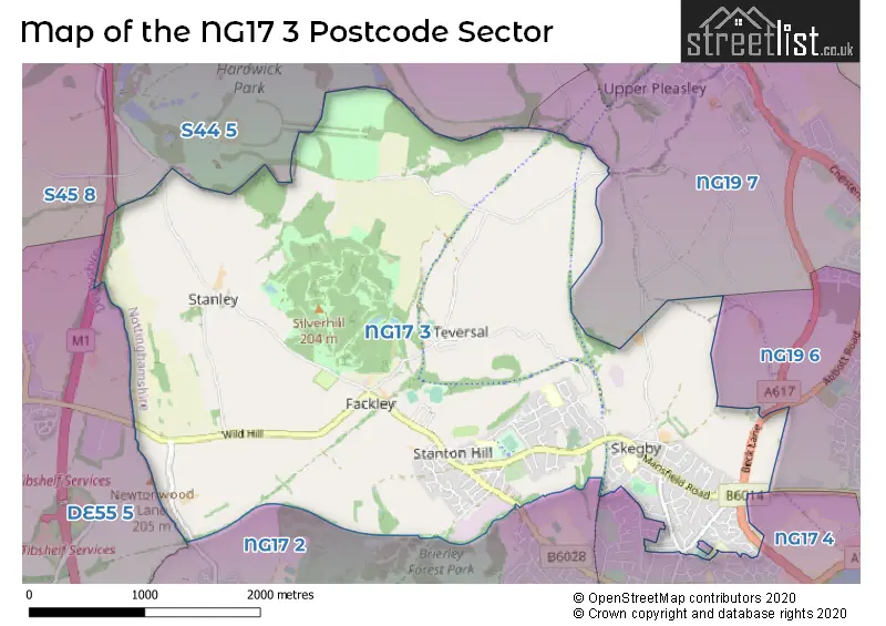 Map of the NG17 3 and surrounding postcode sector