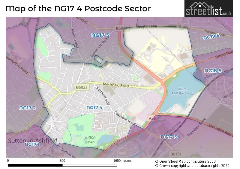 Map of the NG17 4 and surrounding postcode sector