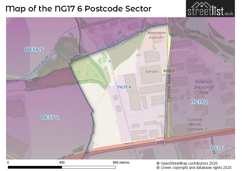 Map of the NG17 6 and surrounding postcode sector