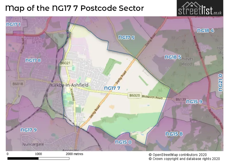 Map of the NG17 7 and surrounding postcode sector