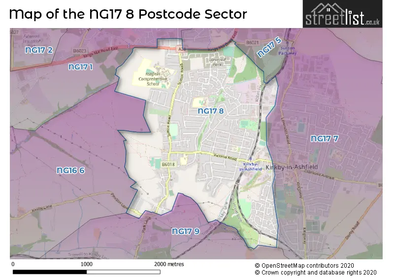 Map of the NG17 8 and surrounding postcode sector