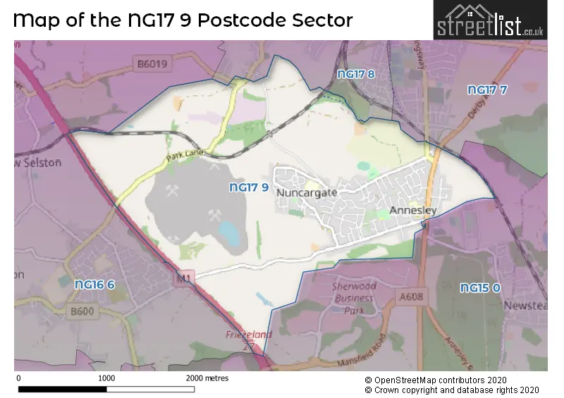 Map of the NG17 9 and surrounding postcode sector