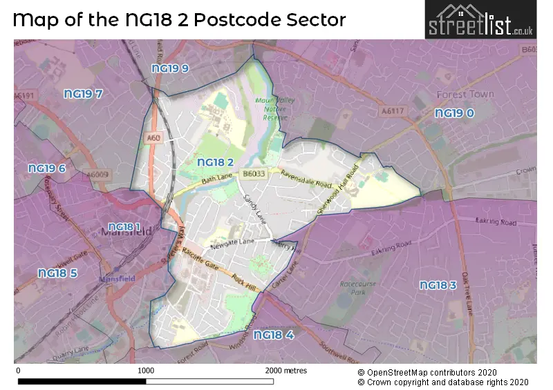 Map of the NG18 2 and surrounding postcode sector