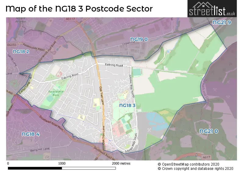 Map of the NG18 3 and surrounding postcode sector