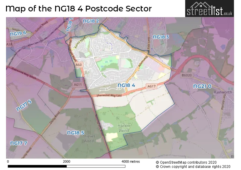 Map of the NG18 4 and surrounding postcode sector