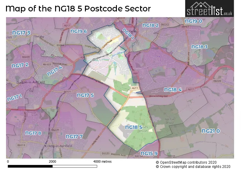 Map of the NG18 5 and surrounding postcode sector
