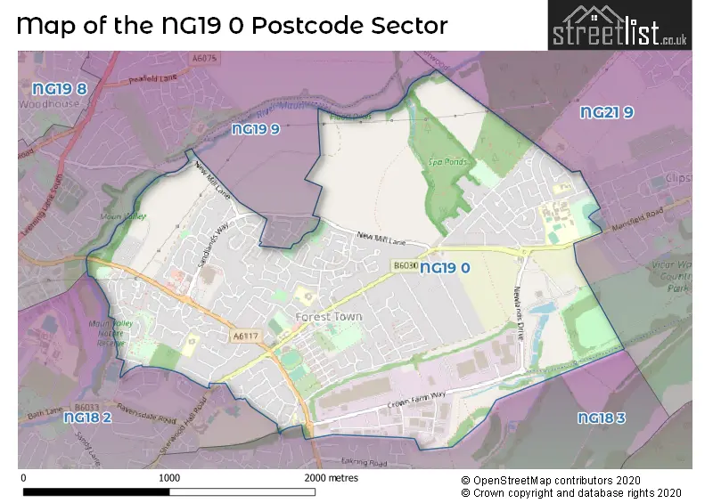 Map of the NG19 0 and surrounding postcode sector