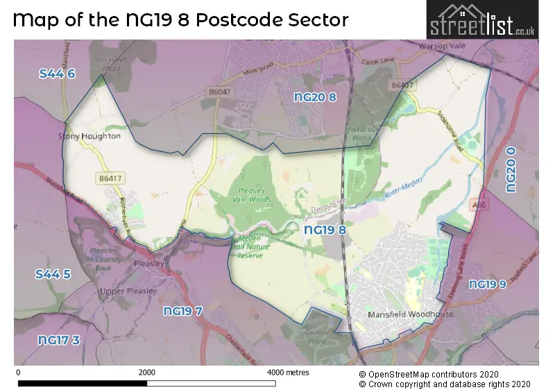 Map of the NG19 8 and surrounding postcode sector