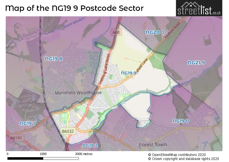 Map of the NG19 9 and surrounding postcode sector