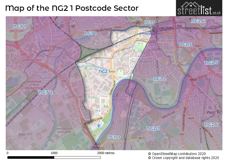 Map of the NG2 1 and surrounding postcode sector