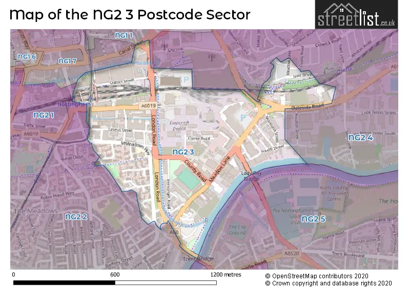 Map of the NG2 3 and surrounding postcode sector