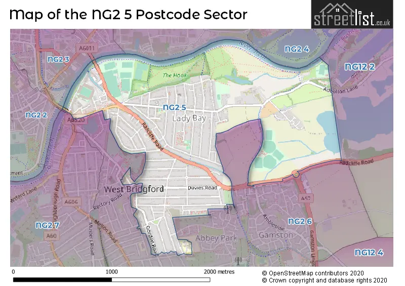 Map of the NG2 5 and surrounding postcode sector