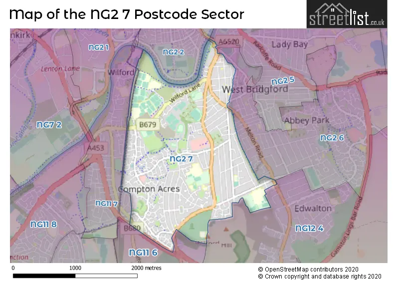 Map of the NG2 7 and surrounding postcode sector