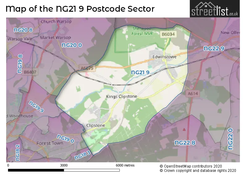 Map of the NG21 9 and surrounding postcode sector