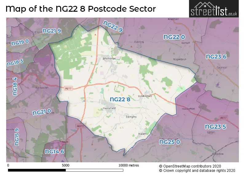 Map of the NG22 8 and surrounding postcode sector