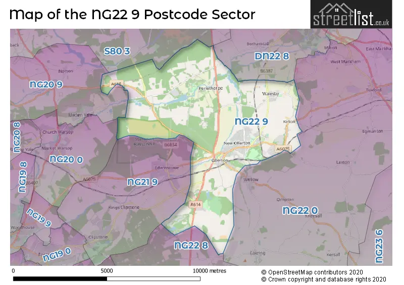 Map of the NG22 9 and surrounding postcode sector