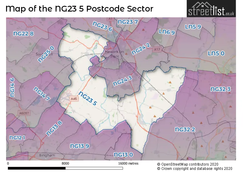 Map of the NG23 5 and surrounding postcode sector