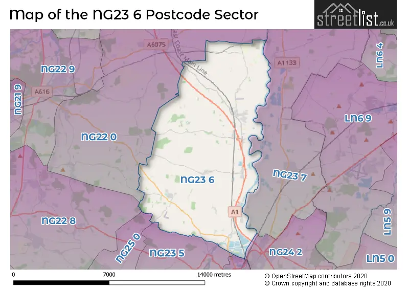 Map of the NG23 6 and surrounding postcode sector