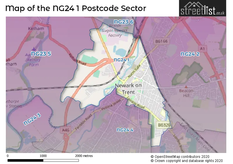Map of the NG24 1 and surrounding postcode sector