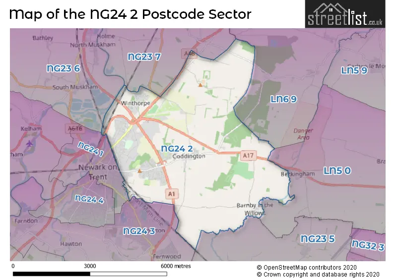 Map of the NG24 2 and surrounding postcode sector