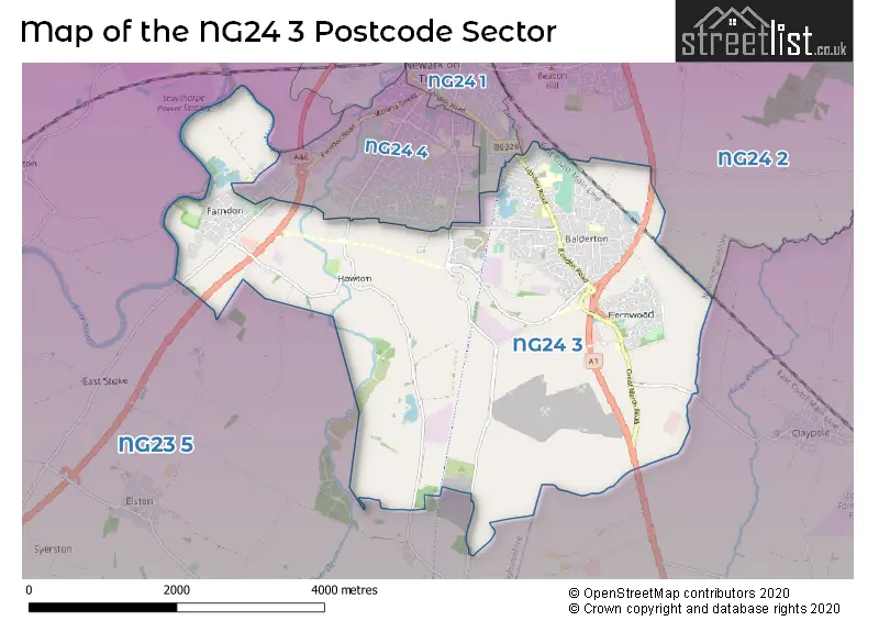 Map of the NG24 3 and surrounding postcode sector