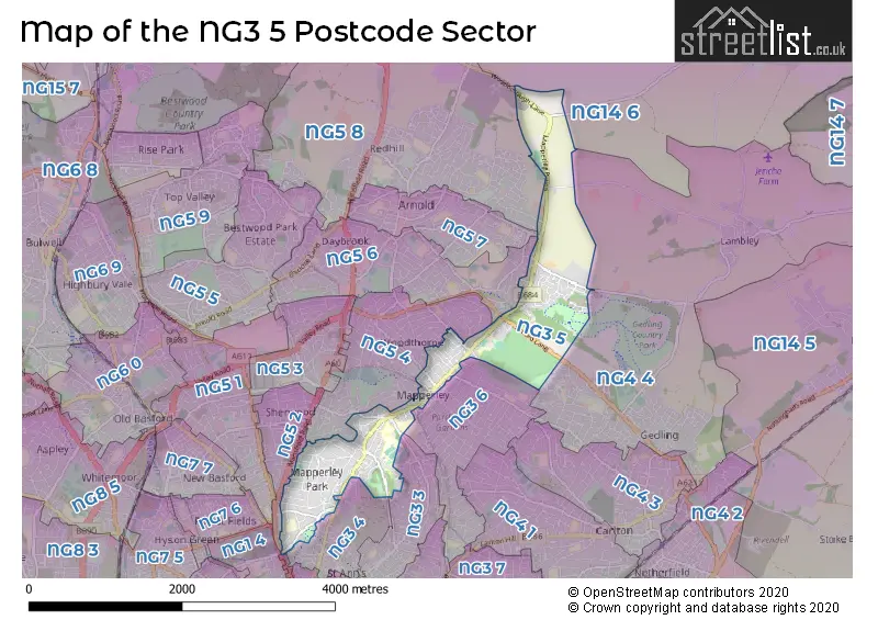 Map of the NG3 5 and surrounding postcode sector