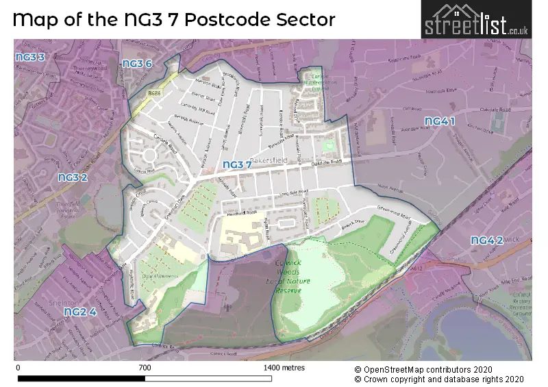 Map of the NG3 7 and surrounding postcode sector