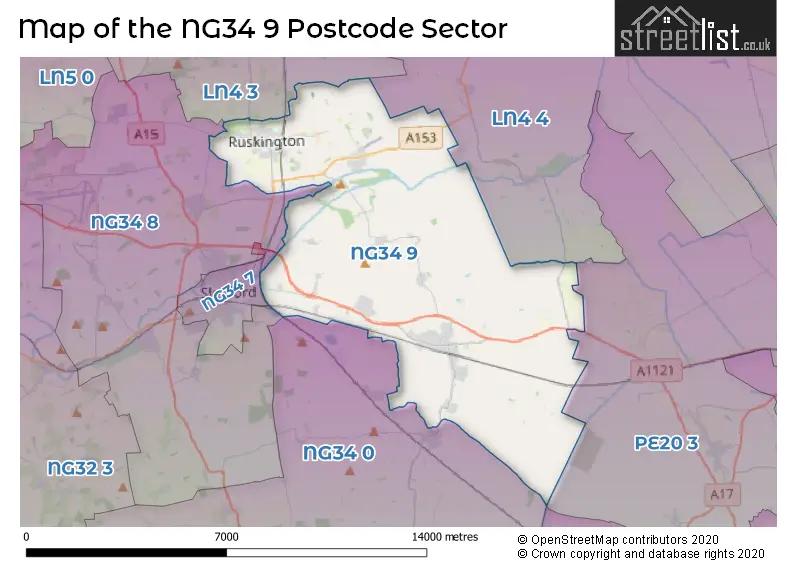 Map of the NG34 9 and surrounding postcode sector