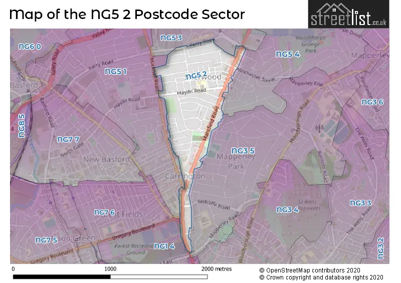 Map of the NG5 2 and surrounding postcode sector