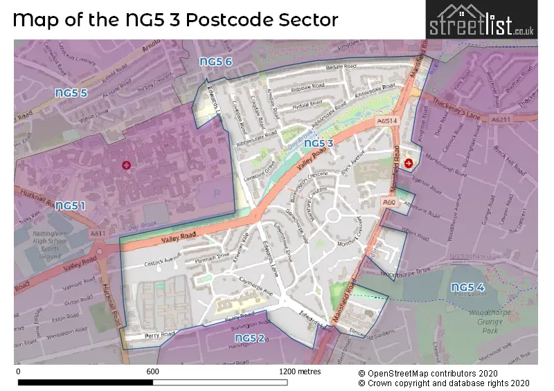 Map of the NG5 3 and surrounding postcode sector