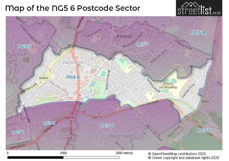 Map of the NG5 6 and surrounding postcode sector