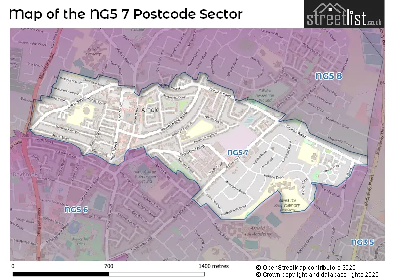 Map of the NG5 7 and surrounding postcode sector