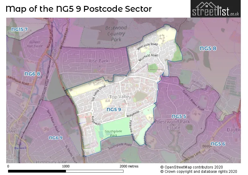 Map of the NG5 9 and surrounding postcode sector