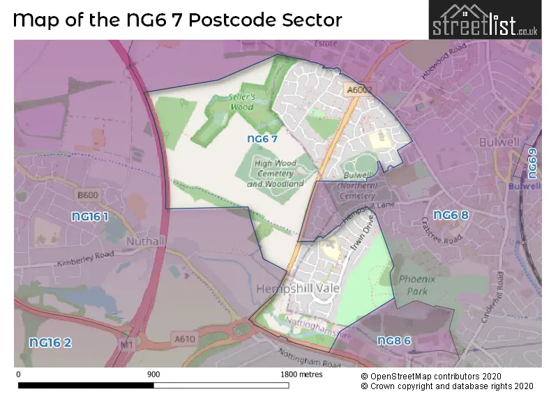 Map of the NG6 7 and surrounding postcode sector