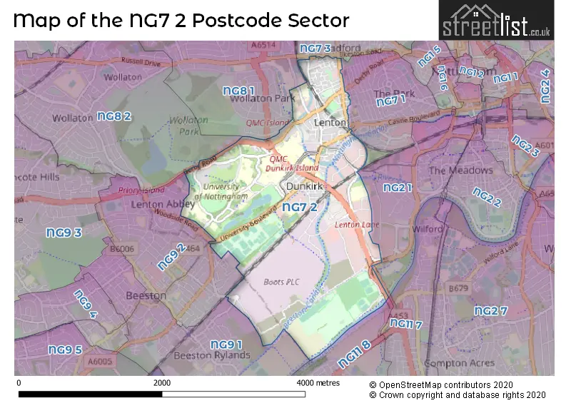 Map of the NG7 2 and surrounding postcode sector