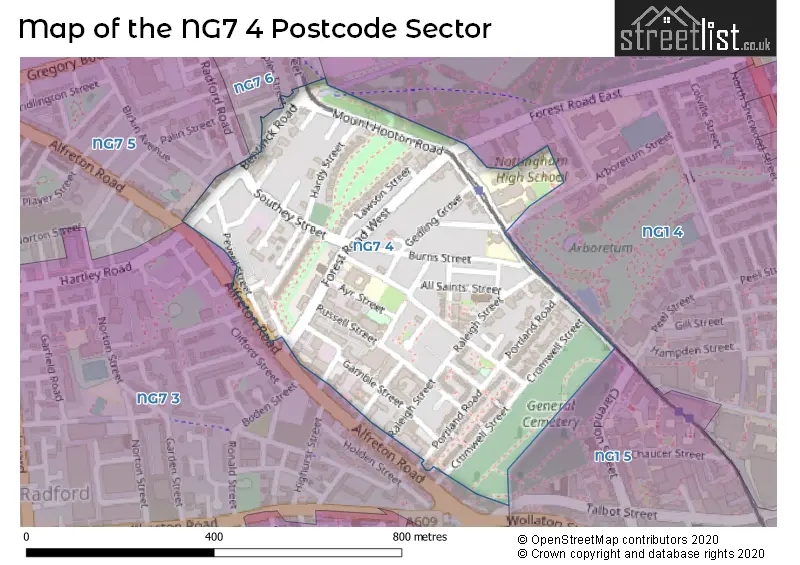 Map of the NG7 4 and surrounding postcode sector