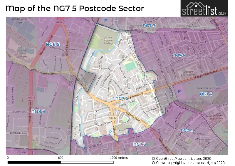 Map of the NG7 5 and surrounding postcode sector