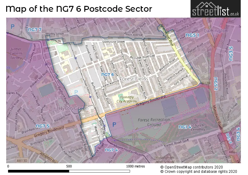 Map of the NG7 6 and surrounding postcode sector