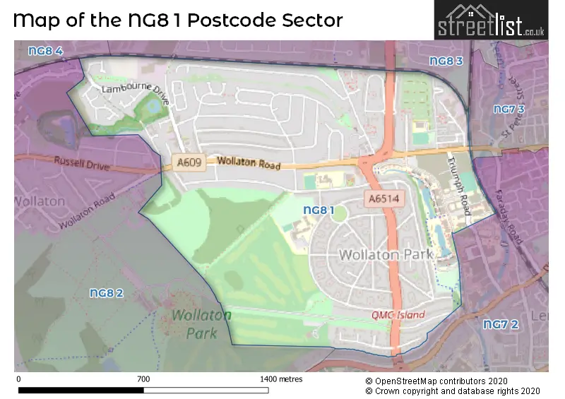 Map of the NG8 1 and surrounding postcode sector