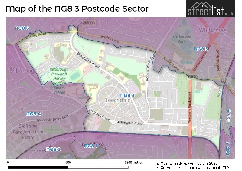 Map of the NG8 3 and surrounding postcode sector