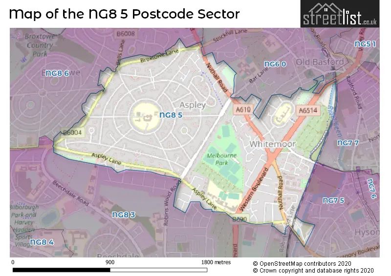 Map of the NG8 5 and surrounding postcode sector